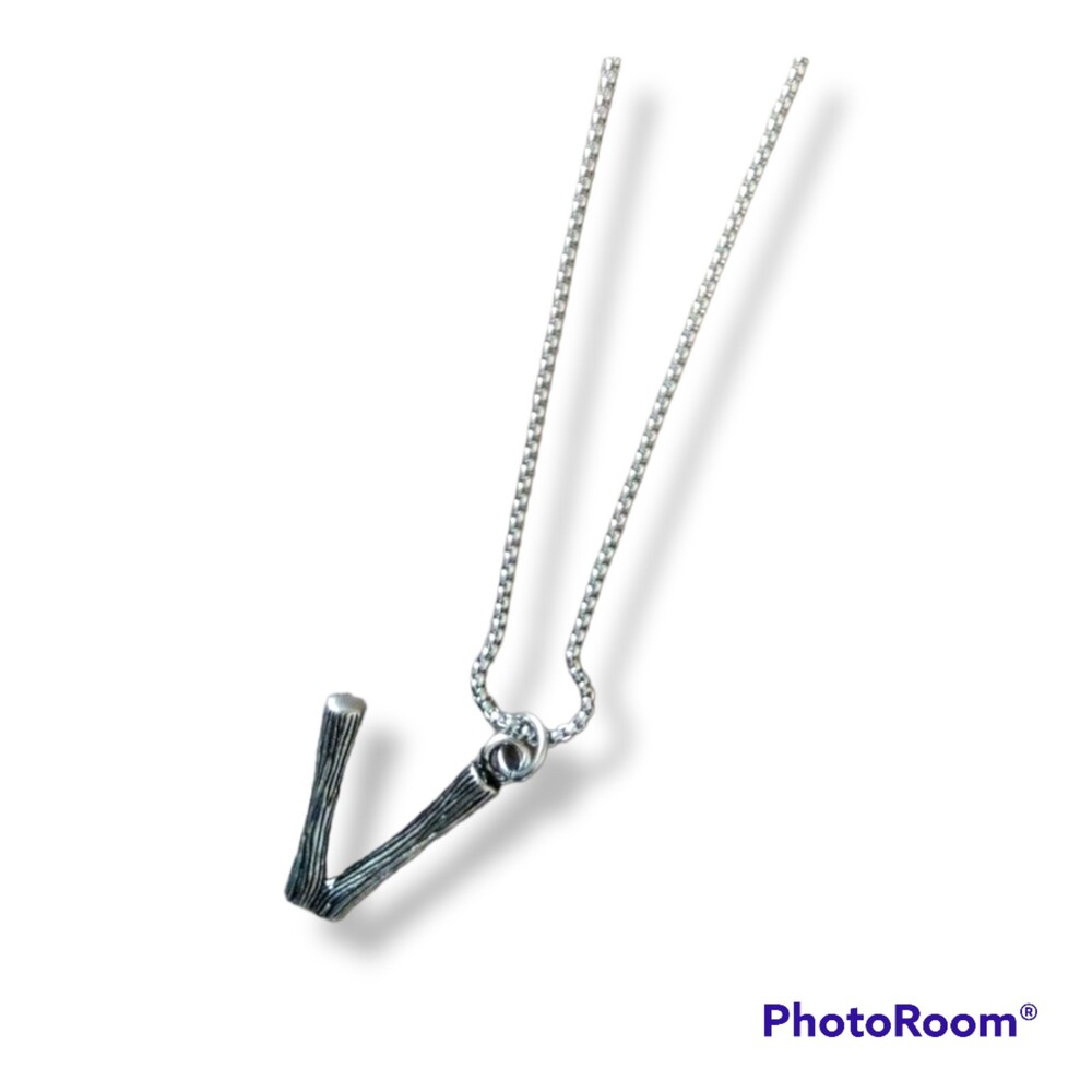 Jenia Stainless Steel Monogram V Necklace-Faux Wood Grain-Collar Length-13"-NEW
